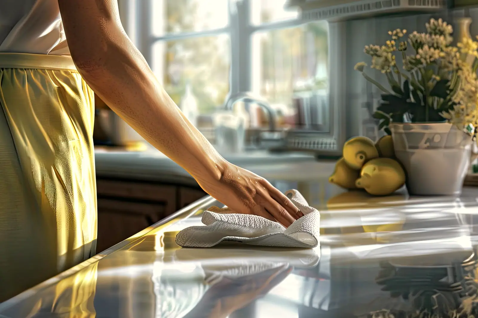 A hand wiping a glossy kitchen worktop with a cloth beside a sunlit window