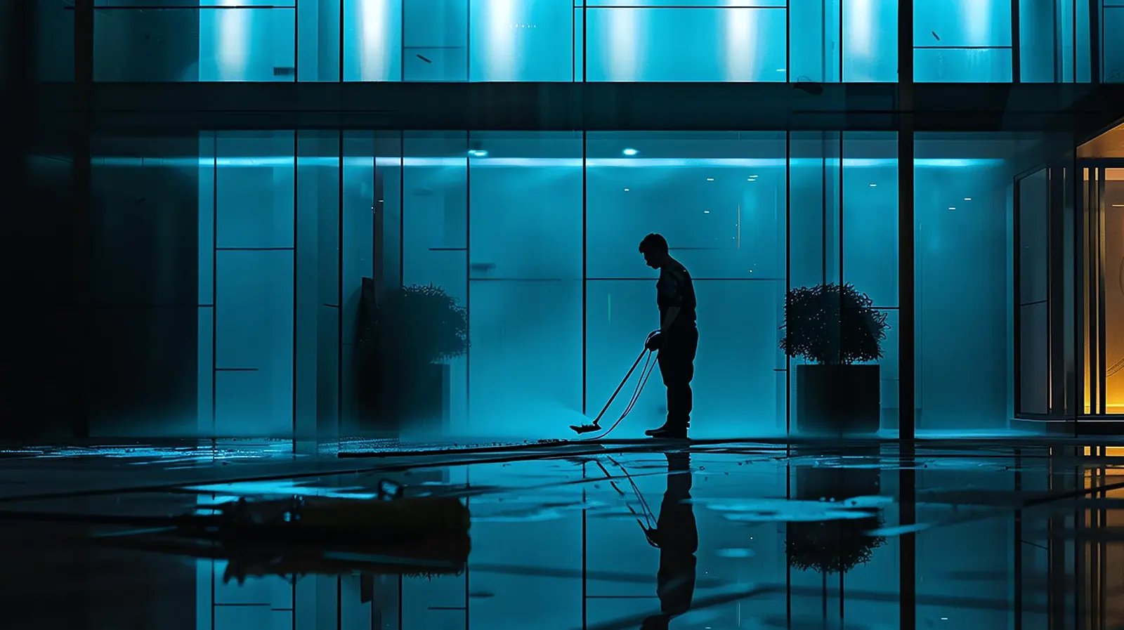 A cleaner mopping the floor of a glass-fronted lobby lit in blue