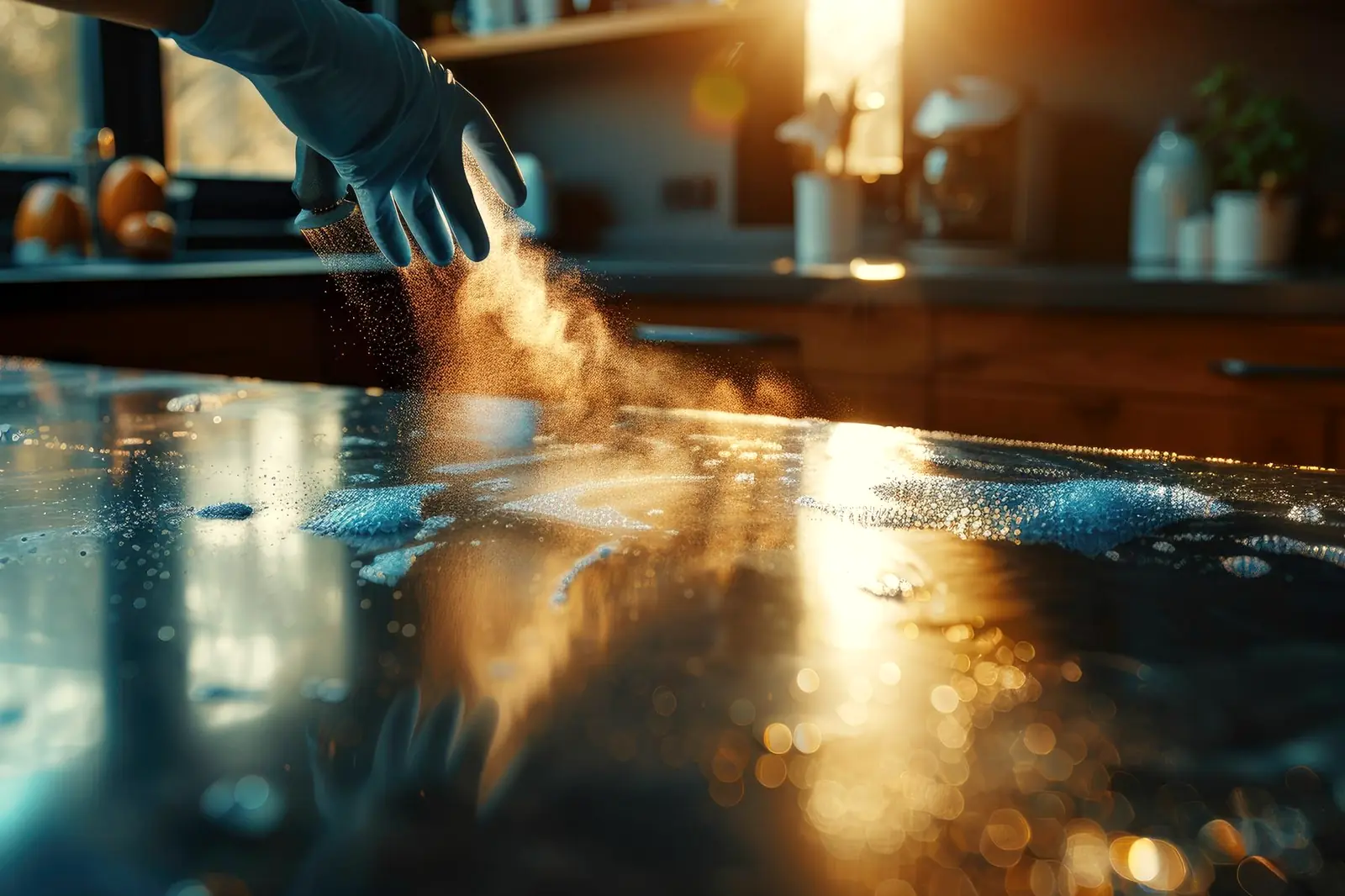 A gloved hand cleaning a glossy worktop in warm light, with spray in the air