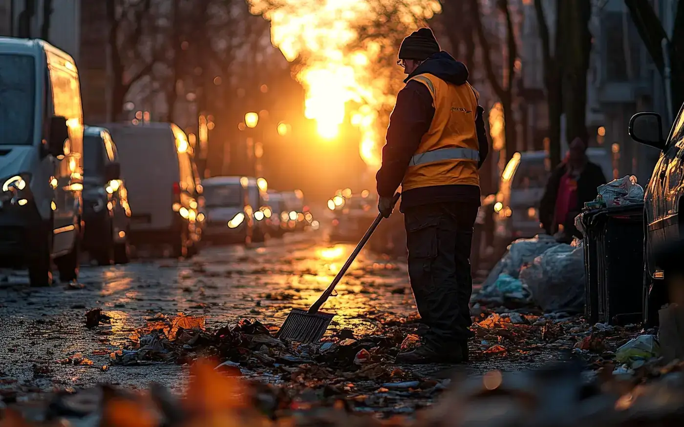 A worker in a high-visibility vest sweeping a street with a broom at sunset, with parked vans and rubbish bags around